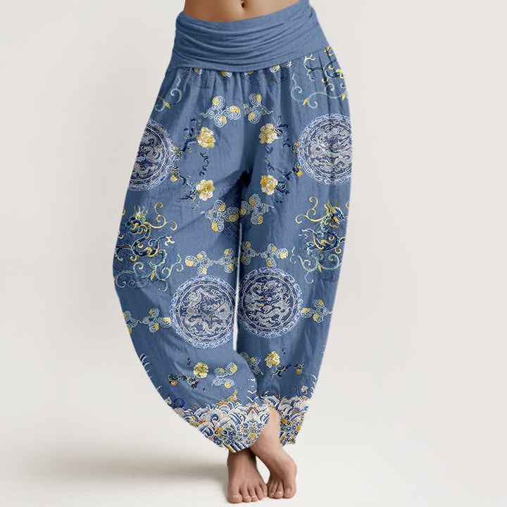 Buddha Stones Pantalones harem de algodón índigo con estampado de medallón de dragón y cintura elástica para mujer. - Azul acero - US16，UK/AU20，EU48 (3XL) - image 5