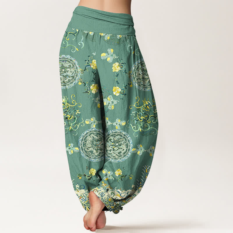 Buddha Stones Pantalones harem de algodón índigo con estampado de medallón de dragón y cintura elástica para mujer. - image 9