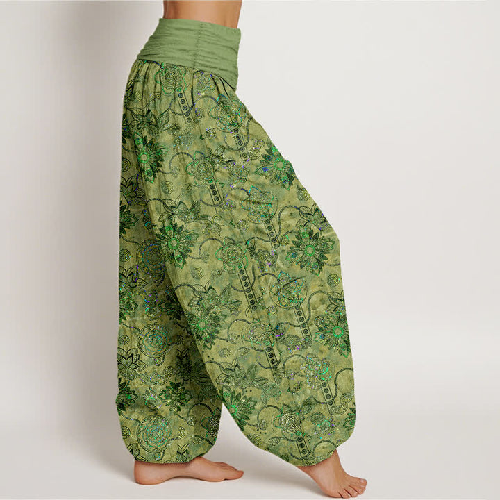 Buddha Stones Pantalones harem de algodón puro color oliva con estampado floral bohemio y cintura elástica para mujer. - image 2