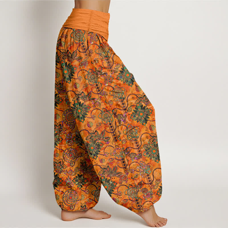 Buddha Stones Pantalones harem de algodón puro color oliva con estampado floral bohemio y cintura elástica para mujer. - image 7