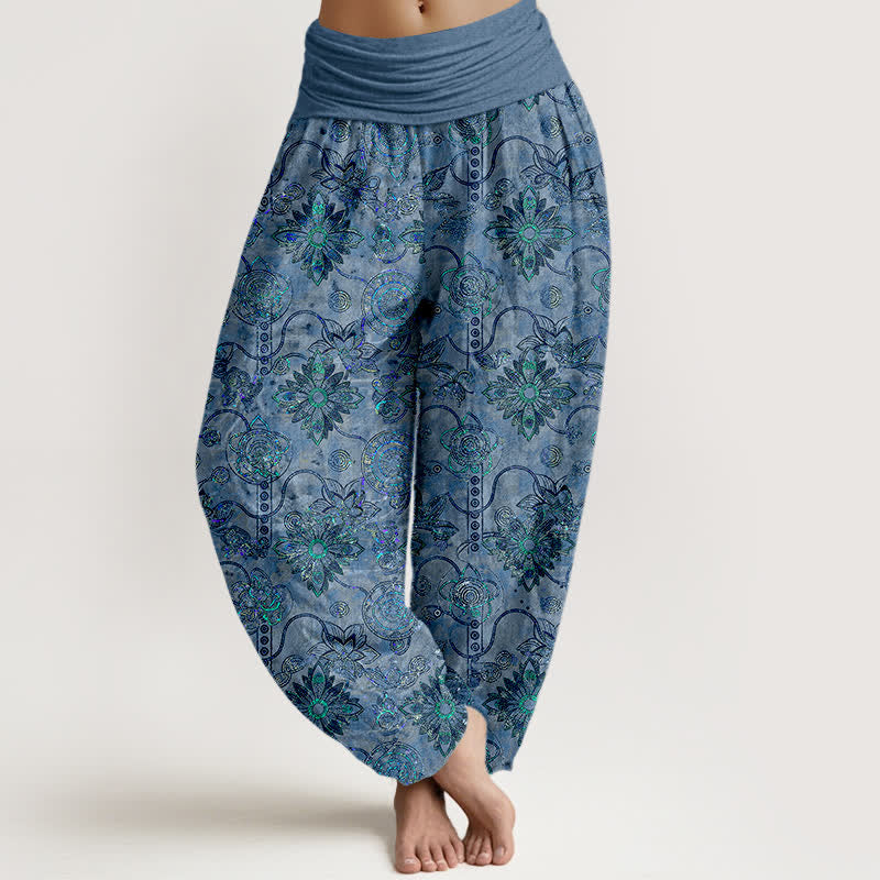 Buddha Stones Pantalones harem de algodón puro color oliva con estampado floral bohemio y cintura elástica para mujer. - Azul acero - US16，UK/AU20，EU48 (3XL) - image 8
