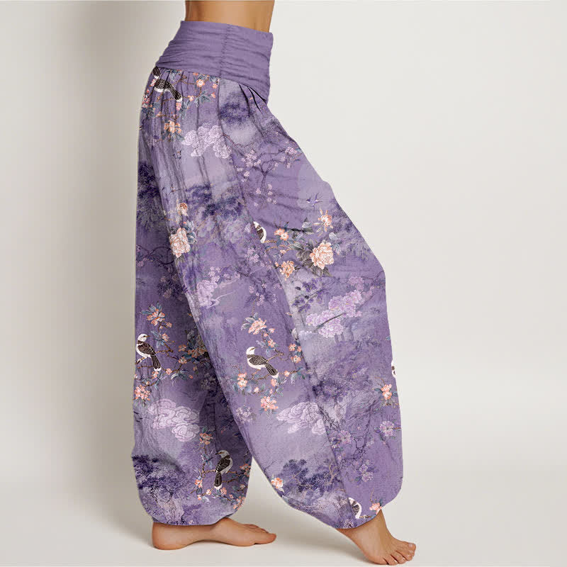 Buddha Stones Pantalones harem de algodón puro con estampado floral de pájaros y cintura elástica para mujer. - image 2