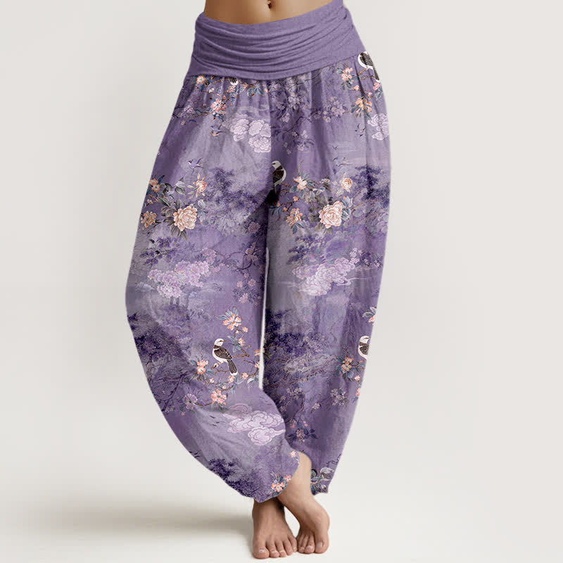 Buddha Stones Pantalones harem de algodón puro con estampado floral de pájaros y cintura elástica para mujer. - Morado medio - US16，UK/AU20，EU48 (3XL) - image 0