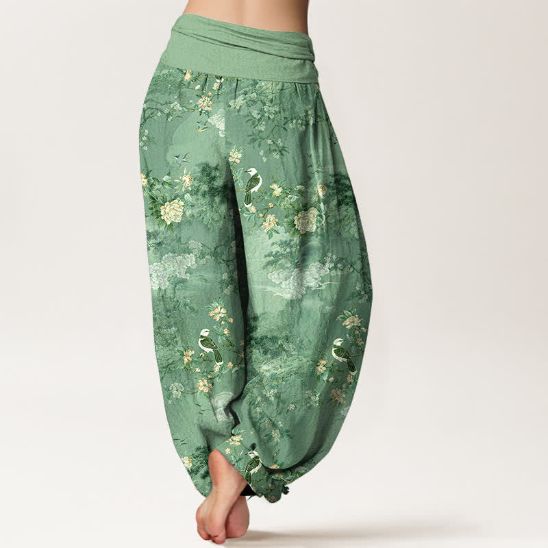 Buddha Stones Pantalones harem de algodón puro con estampado floral de pájaros y cintura elástica para mujer. - image 6