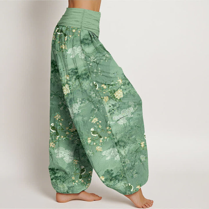Buddha Stones Pantalones harem de algodón puro con estampado floral de pájaros y cintura elástica para mujer. - image 7