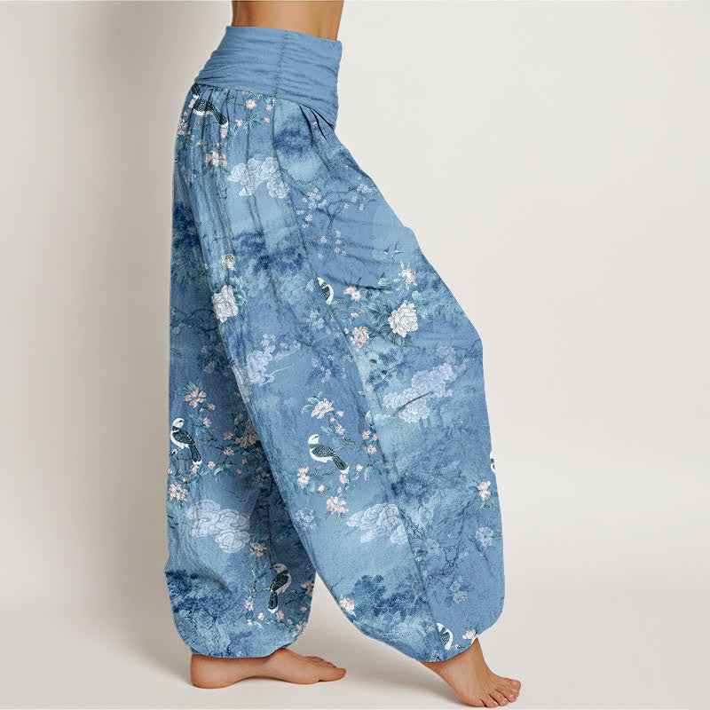 Buddha Stones Pantalones harem de algodón puro con estampado floral de pájaros y cintura elástica para mujer. - image 10