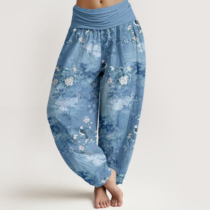 Buddha Stones Pantalones harem de algodón puro con estampado floral de pájaros y cintura elástica para mujer. - Azul aciano - US16，UK/AU20，EU48 (3XL) - image 8