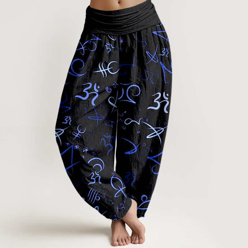 Buddha Stones Pantalones harem de mujer de algodón puro con estampado del símbolo OM en color azul y cintura elástica. - Negro - US16，UK/AU20，EU48 (3XL) - image 0