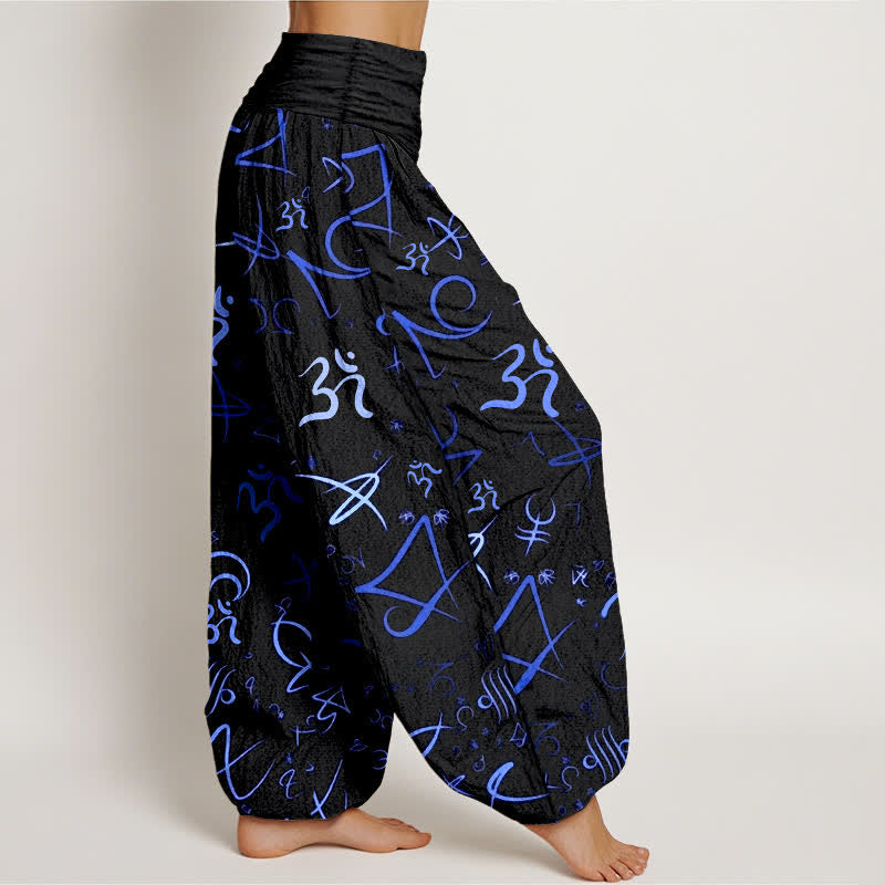 Buddha Stones Pantalones harem de mujer de algodón puro con estampado del símbolo OM en color azul y cintura elástica. - image 2