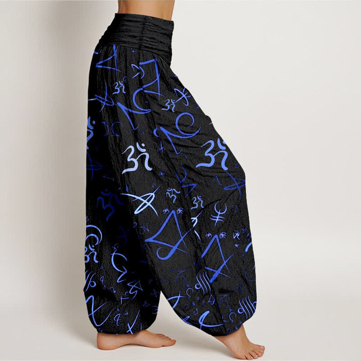 Buddha Stones Pantalones harem de mujer de algodón puro con estampado del símbolo OM en color azul y cintura elástica. - image 2
