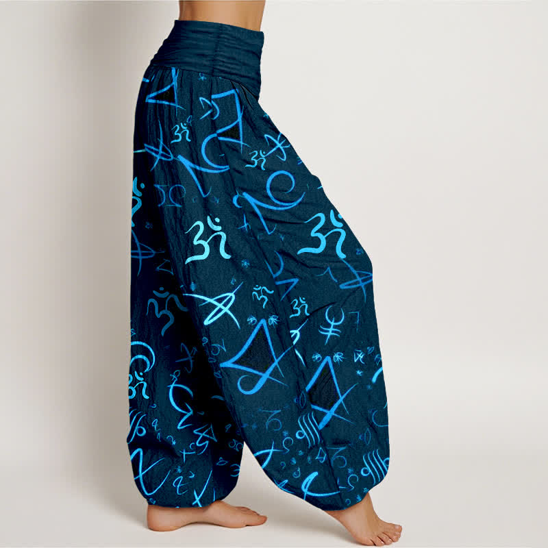Buddha Stones Pantalones harem de mujer de algodón puro con estampado del símbolo OM en color azul y cintura elástica. - image 7
