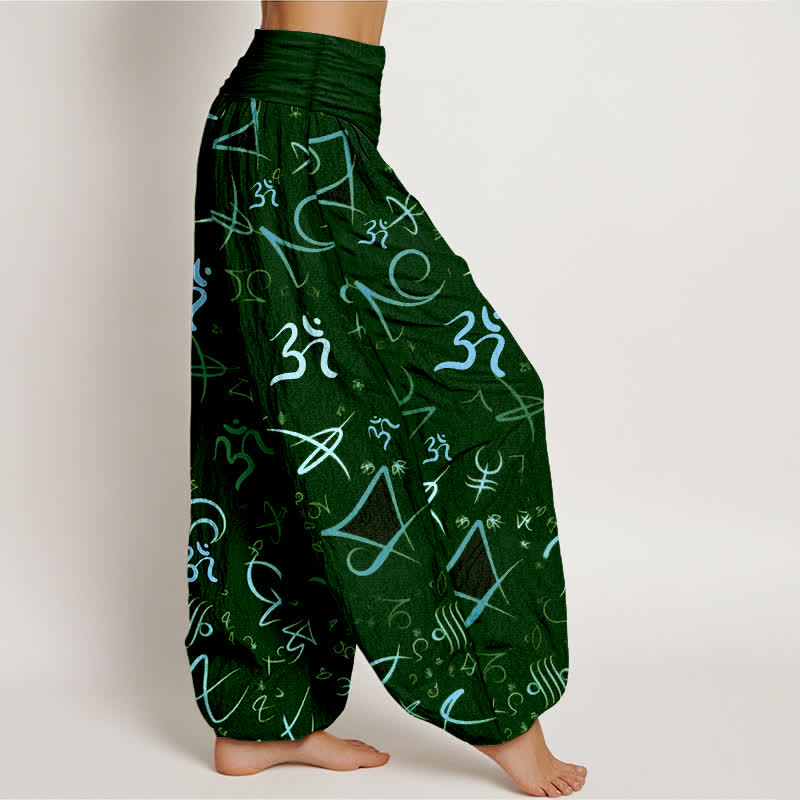 Buddha Stones Pantalones harem de mujer de algodón puro con estampado del símbolo OM en color azul y cintura elástica. - image 10