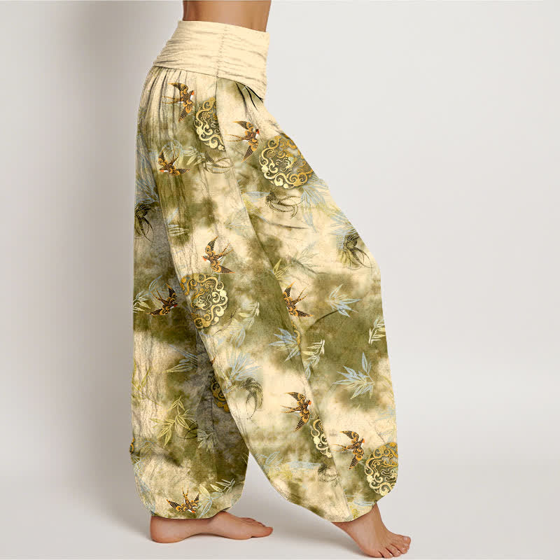 Buddha Stones Pantalones harem de mujer con cintura elástica, estampado de medallón de nube y pájaro, de algodón puro. - image 2