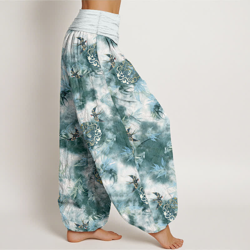 Buddha Stones Pantalones harem de mujer con cintura elástica, estampado de medallón de nube y pájaro, de algodón puro. - image 7
