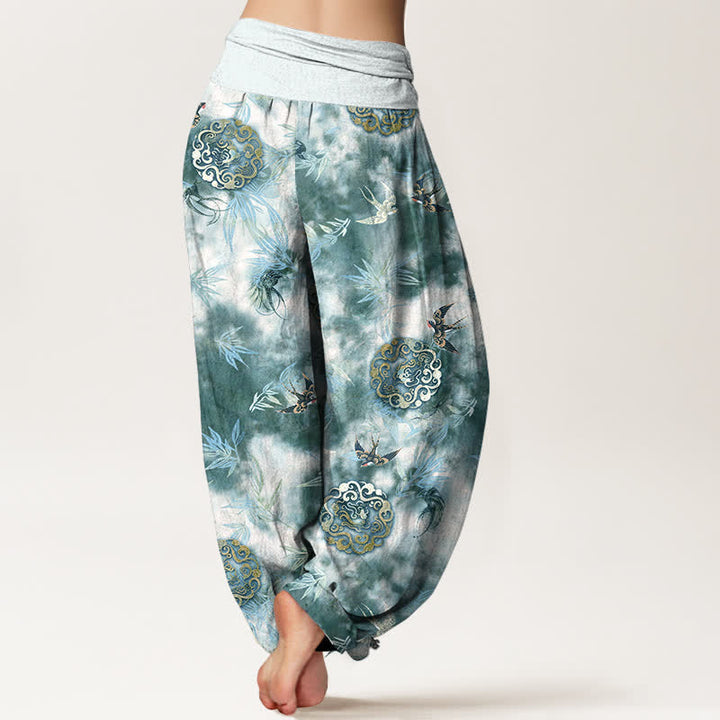 Buddha Stones Pantalones harem de mujer con cintura elástica, estampado de medallón de nube y pájaro, de algodón puro. - image 6