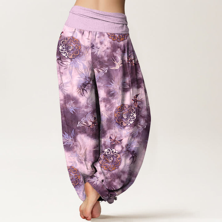 Buddha Stones Pantalones harem de mujer con cintura elástica, estampado de medallón de nube y pájaro, de algodón puro. - image 9