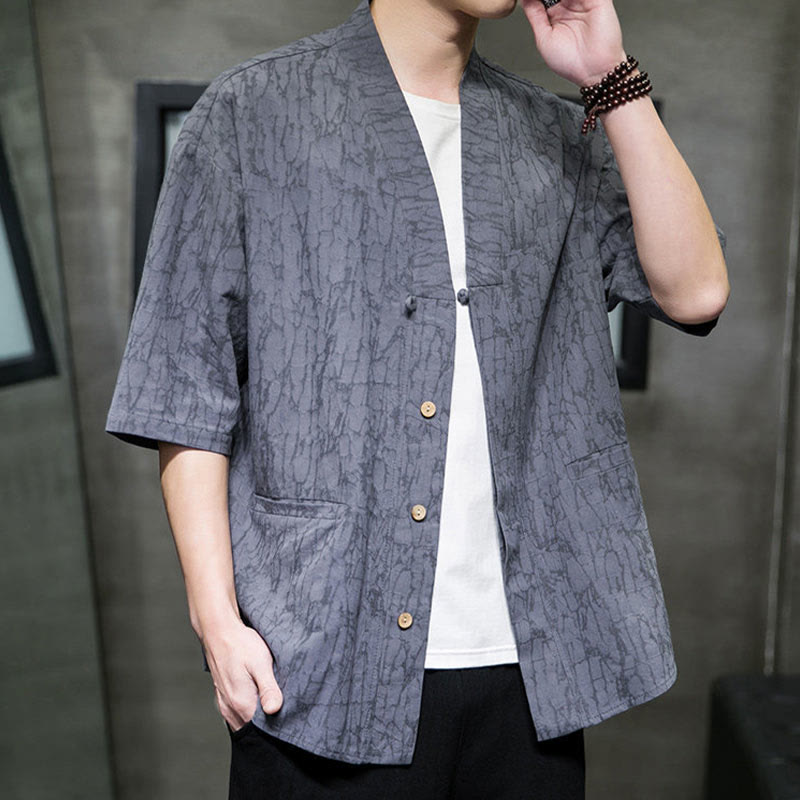 Buddha Stones Camisa de manga corta para hombre con cuello en V, botones y estampado desgastado, ideal para el verano. - image 5