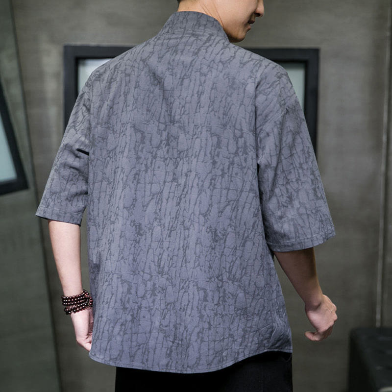 Buddha Stones Camisa de manga corta para hombre con cuello en V, botones y estampado desgastado, ideal para el verano. - image 4
