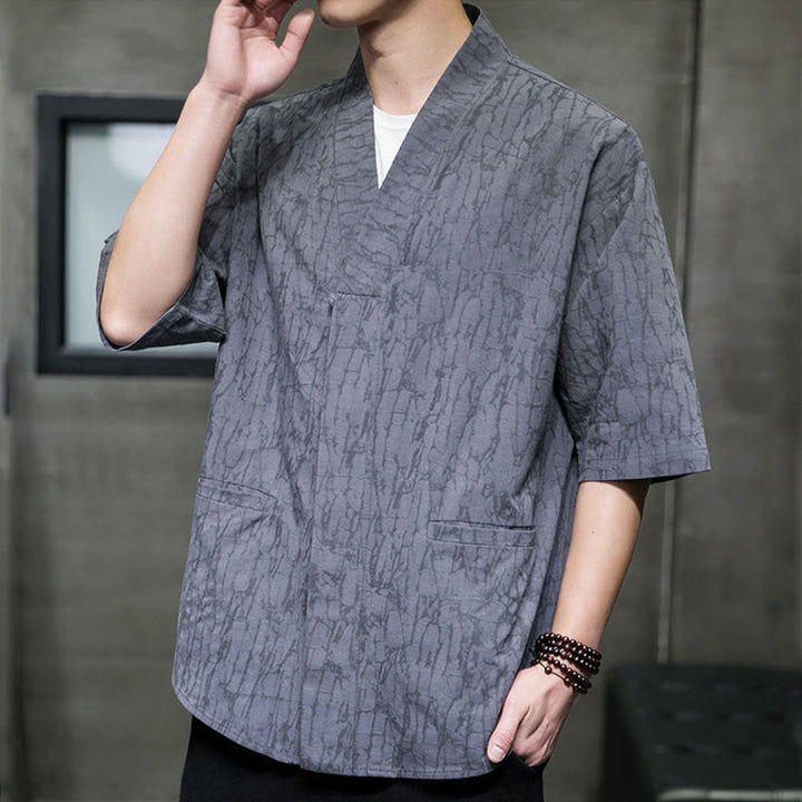 Buddha Stones Camisa de manga corta para hombre con cuello en V, botones y estampado desgastado, ideal para el verano. - image 3