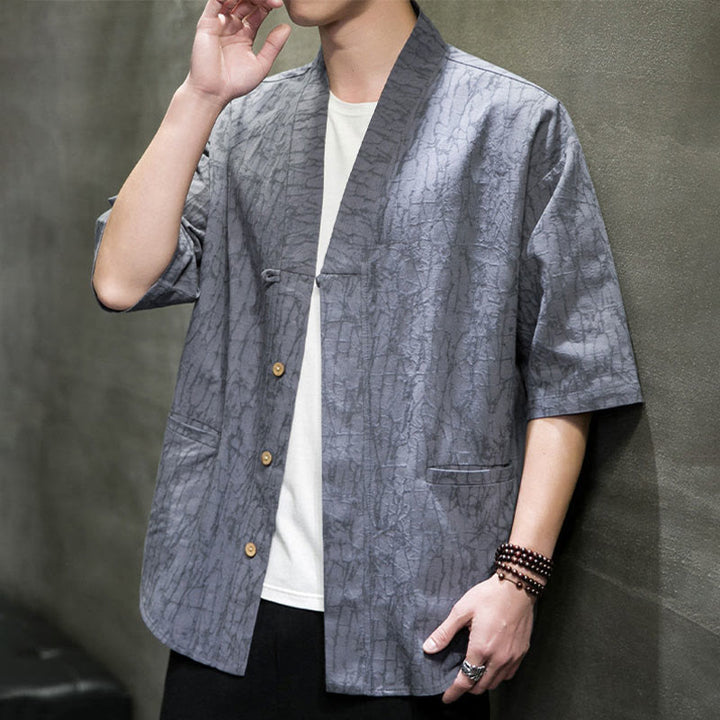 Buddha Stones Camisa de manga corta para hombre con cuello en V, botones y estampado desgastado, ideal para el verano. - image 8