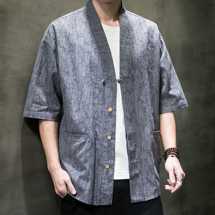 Buddha Stones Camisa de manga corta para hombre con cuello en V, botones y estampado desgastado, ideal para el verano. - image 2