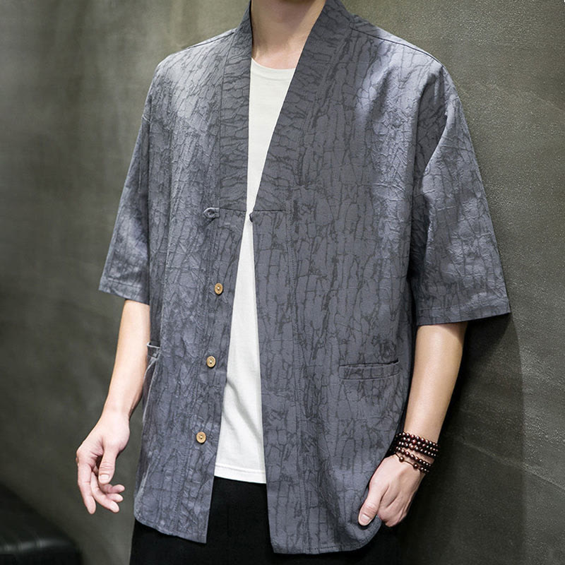 Buddha Stones Camisa de manga corta para hombre con cuello en V, botones y estampado desgastado, ideal para el verano. - image 9