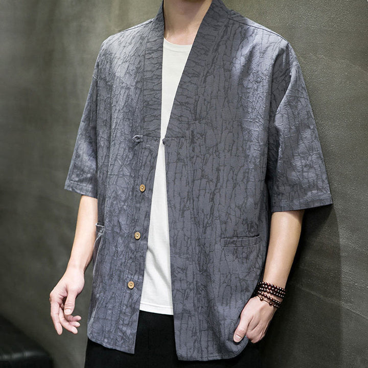 Buddha Stones Camisa de manga corta para hombre con cuello en V, botones y estampado desgastado, ideal para el verano. - image 9