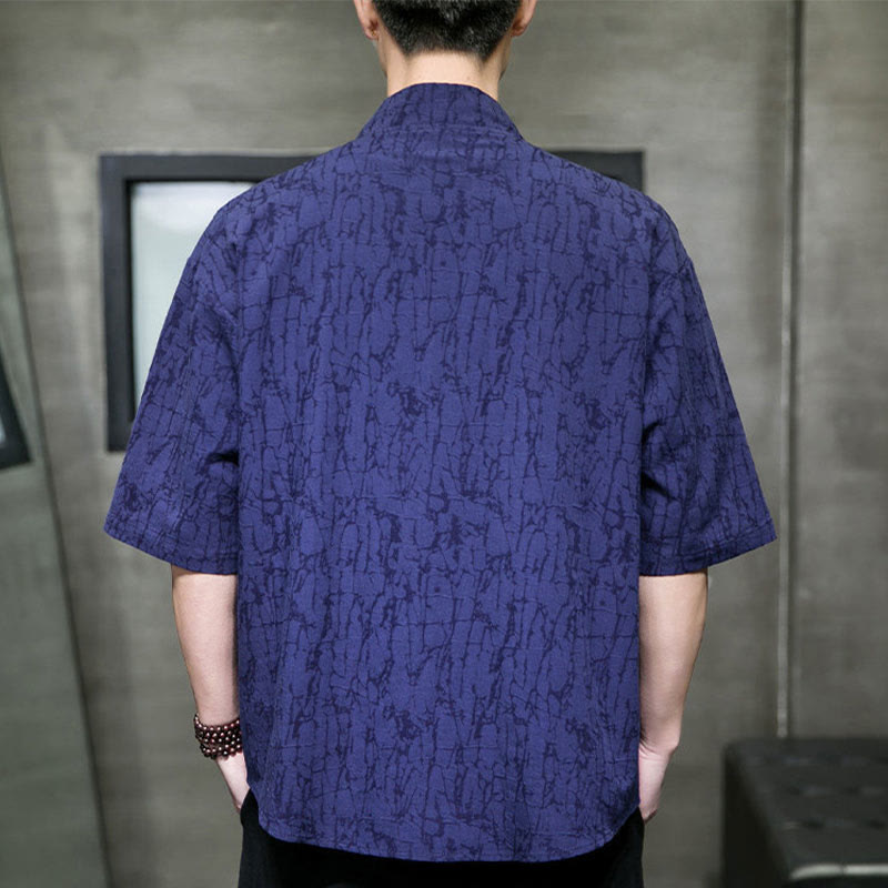 Buddha Stones Camisa de manga corta para hombre con cuello en V, botones y estampado desgastado, ideal para el verano. - image 16