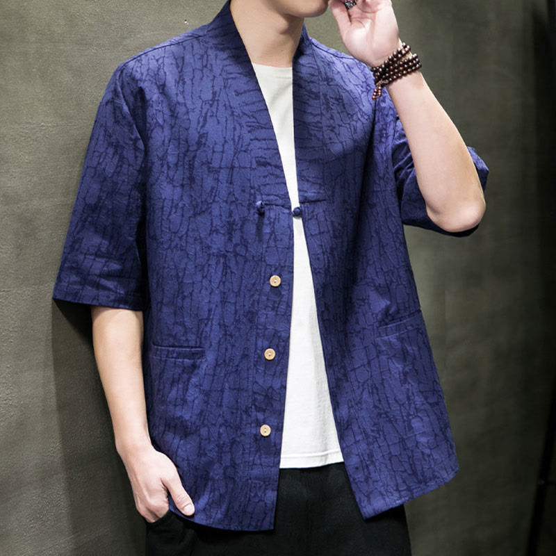 Buddha Stones Camisa de manga corta para hombre con cuello en V, botones y estampado desgastado, ideal para el verano. - image 19