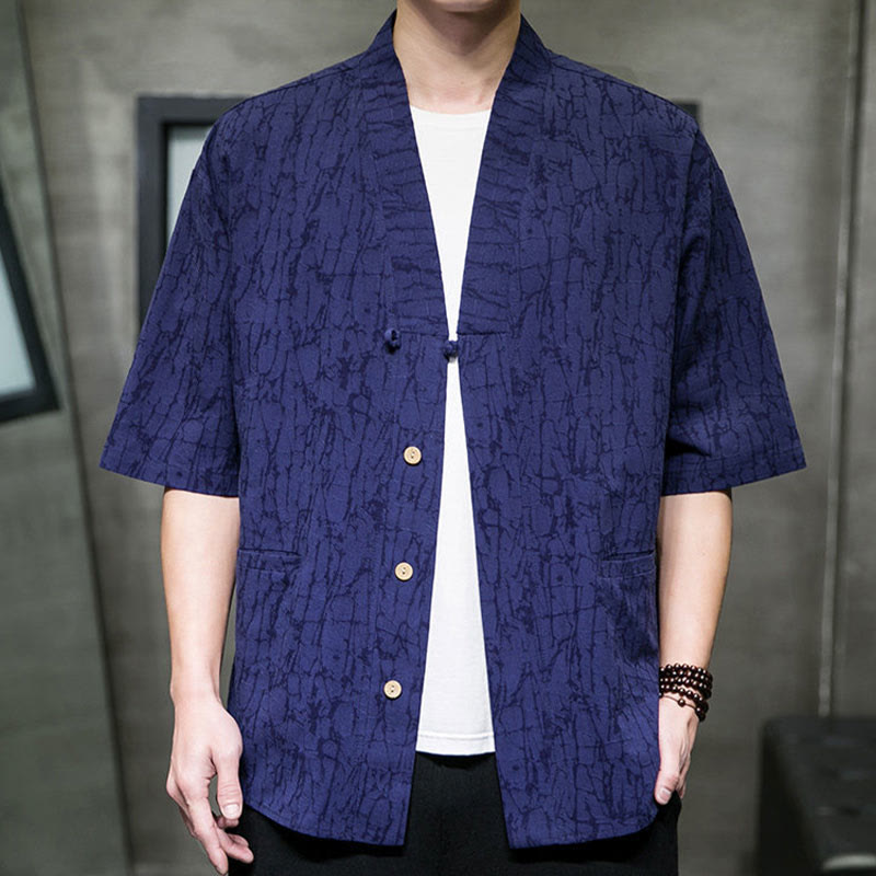 Buddha Stones Camisa de manga corta para hombre con cuello en V, botones y estampado desgastado, ideal para el verano. - image 18