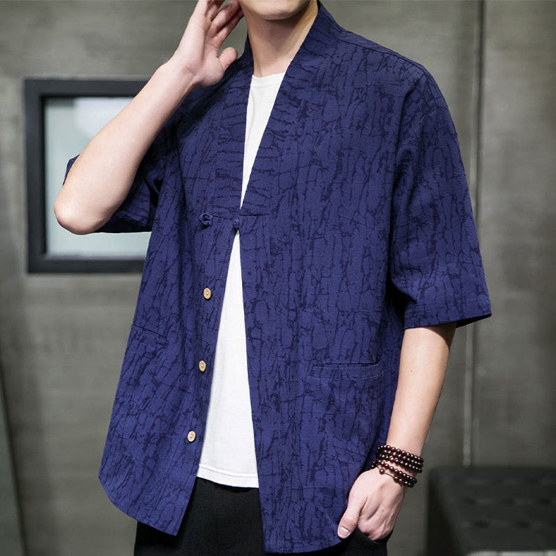 Buddha Stones Camisa de manga corta para hombre con cuello en V, botones y estampado desgastado, ideal para el verano. - image 23