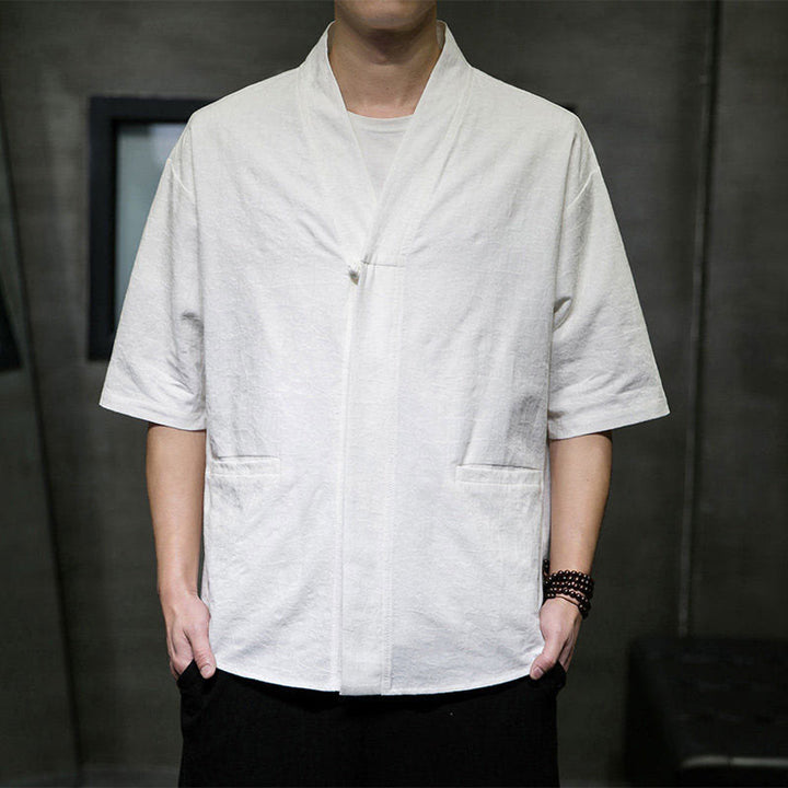 Buddha Stones Camisa de manga corta para hombre con cuello en V, botones y estampado desgastado, ideal para el verano. - Blanco - US/UK/AU46, EU56 (5XL) - image 24