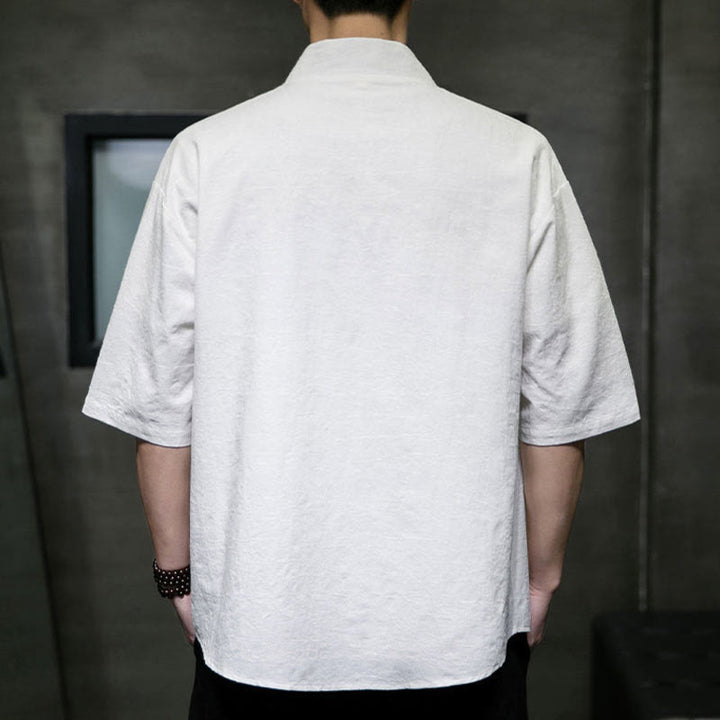 Buddha Stones Camisa de manga corta para hombre con cuello en V, botones y estampado desgastado, ideal para el verano. - image 27
