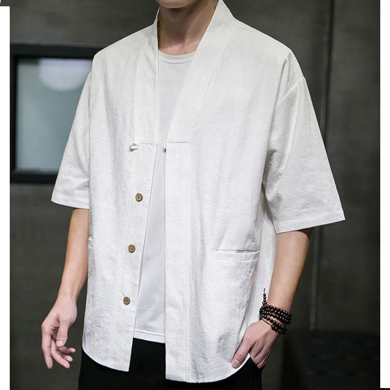Buddha Stones Camisa de manga corta para hombre con cuello en V, botones y estampado desgastado, ideal para el verano. - image 25