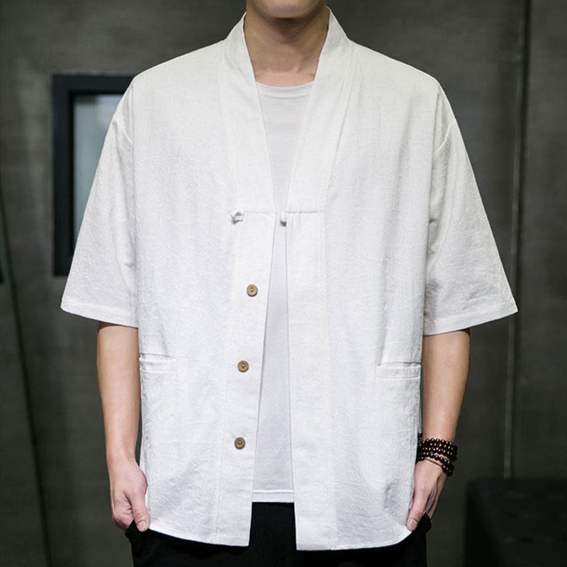 Buddha Stones Camisa de manga corta para hombre con cuello en V, botones y estampado desgastado, ideal para el verano. - image 29