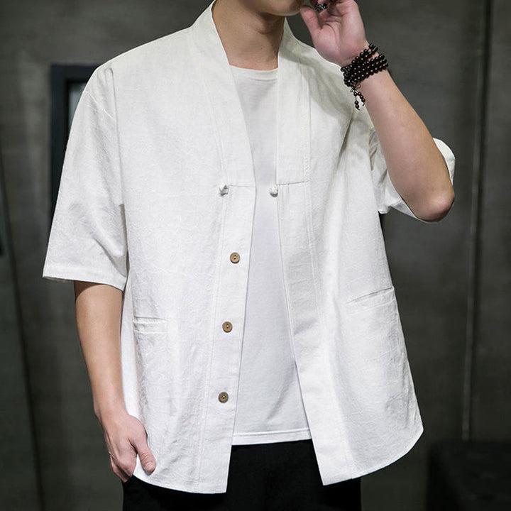 Buddha Stones Camisa de manga corta para hombre con cuello en V, botones y estampado desgastado, ideal para el verano. - image 28