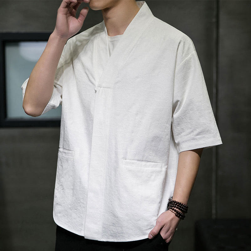Buddha Stones Camisa de manga corta para hombre con cuello en V, botones y estampado desgastado, ideal para el verano. - image 32