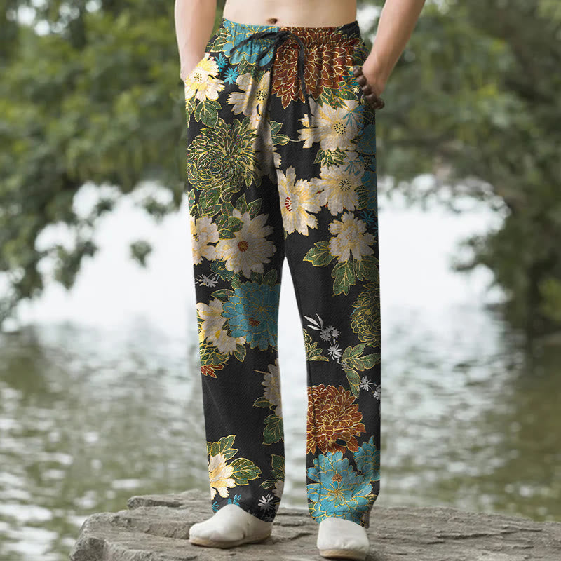 Buddha Stones Pantalones de hombre de algodón con estampado floral de peonías y crisantemos en color turquesa, corte ajustado y bolsillos. - Negro - US/UK/AU50, EU60 (5XL) - image 0