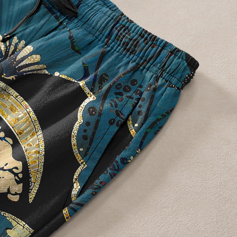 Buddha Stones Pantalones de hombre de algodón con estampado floral y diseño de abanico oriental plegable, corte cónico y bolsillos. - image 2