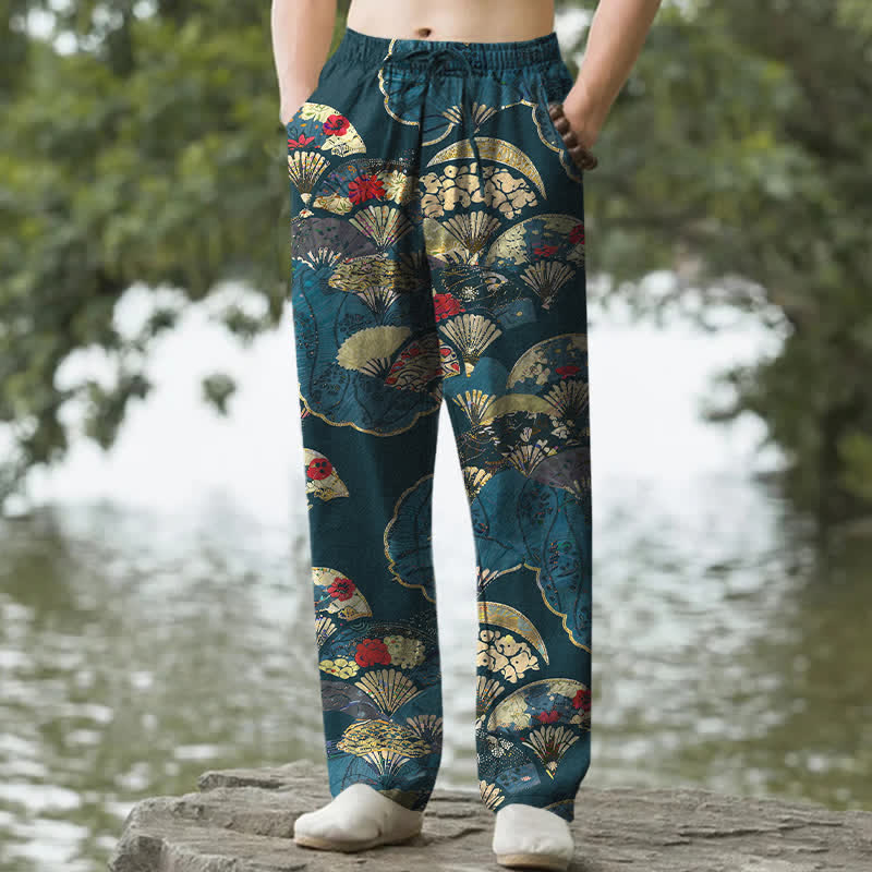 Buddha Stones Pantalones de hombre de algodón con estampado floral y diseño de abanico oriental plegable, corte cónico y bolsillos. - Azul acero - US/UK/AU50, EU60 (5XL) - image 4