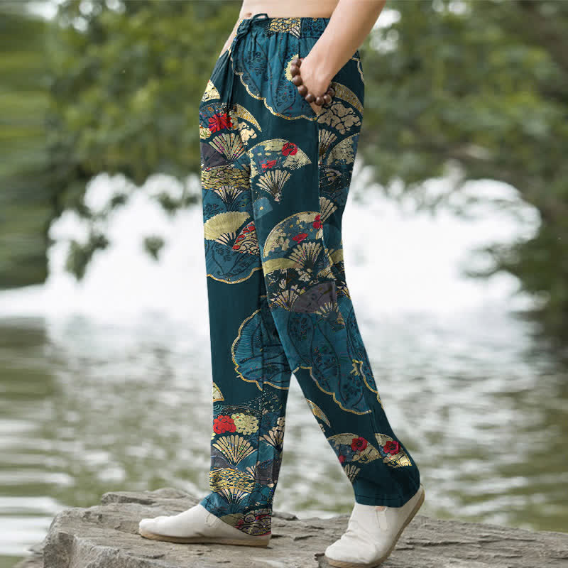 Buddha Stones Pantalones de hombre de algodón con estampado floral y diseño de abanico oriental plegable, corte cónico y bolsillos. - image 5
