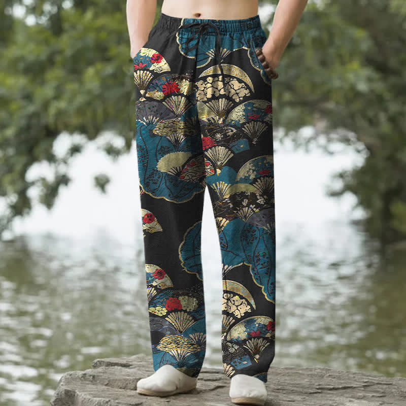 Buddha Stones Pantalones de hombre de algodón con estampado floral y diseño de abanico oriental plegable, corte cónico y bolsillos. - Negro - US/UK/AU50, EU60 (5XL) - image 0