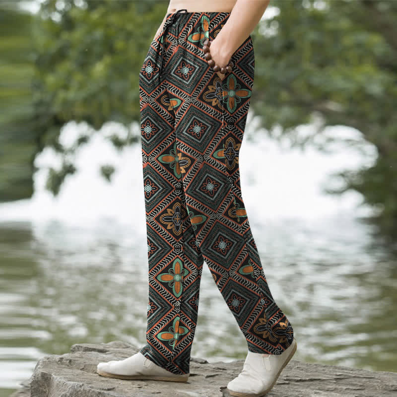 Buddha Stones Pantalones de hombre de algodón con estampado floral de rombos estilo bohemio, corte ajustado y bolsillos. - image 1