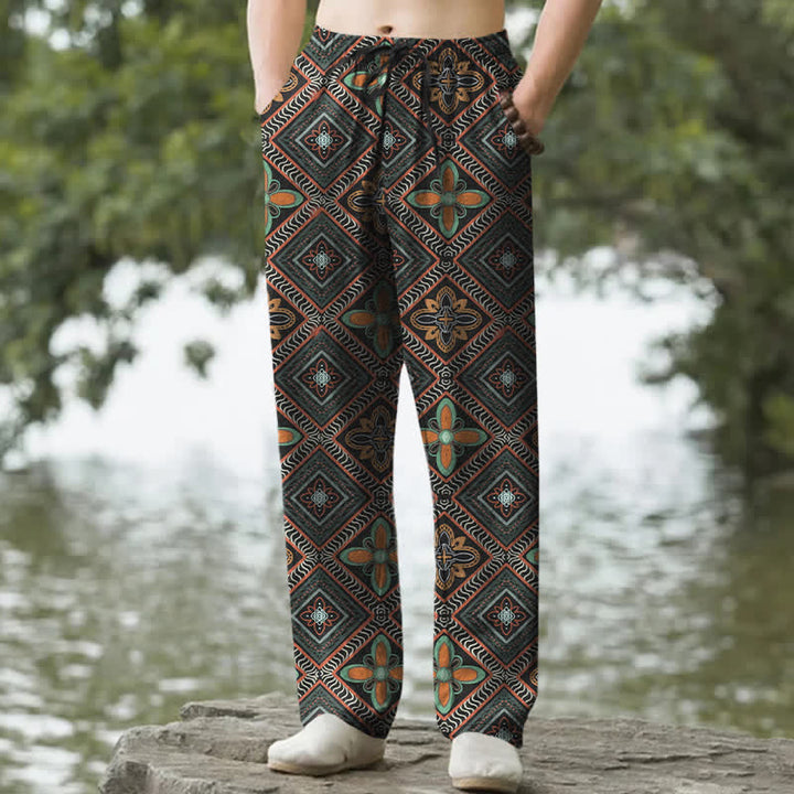 Buddha Stones Pantalones de hombre de algodón con estampado floral de rombos estilo bohemio, corte ajustado y bolsillos. - Negro - US/UK/AU50, EU60 (5XL) - image 0
