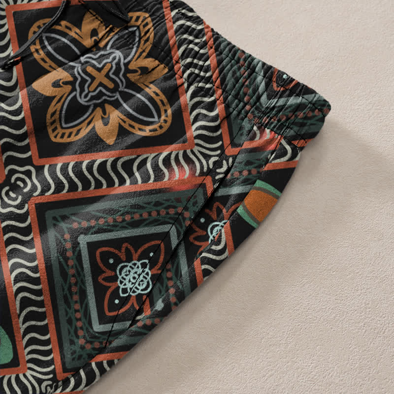 Buddha Stones Pantalones de hombre de algodón con estampado floral de rombos estilo bohemio, corte ajustado y bolsillos. - image 2