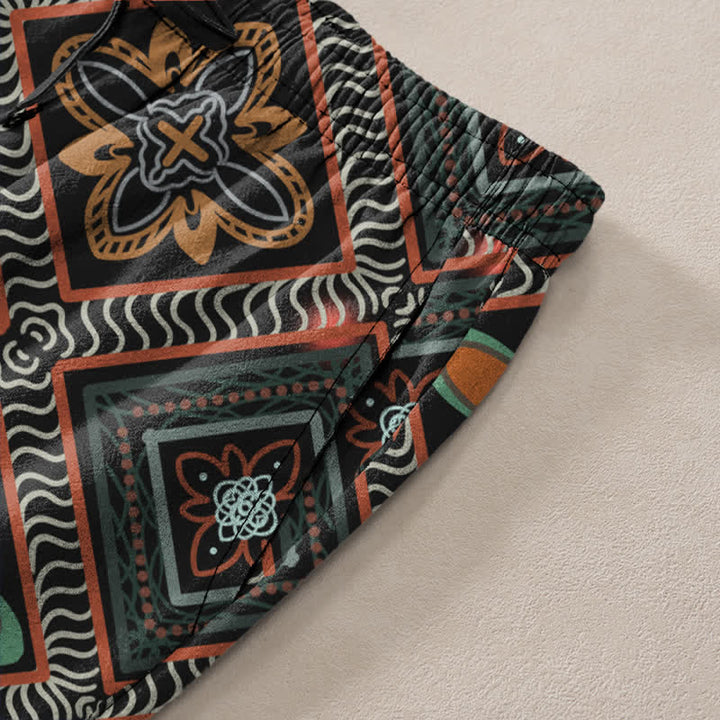 Buddha Stones Pantalones de hombre de algodón con estampado floral de rombos estilo bohemio, corte ajustado y bolsillos. - image 2