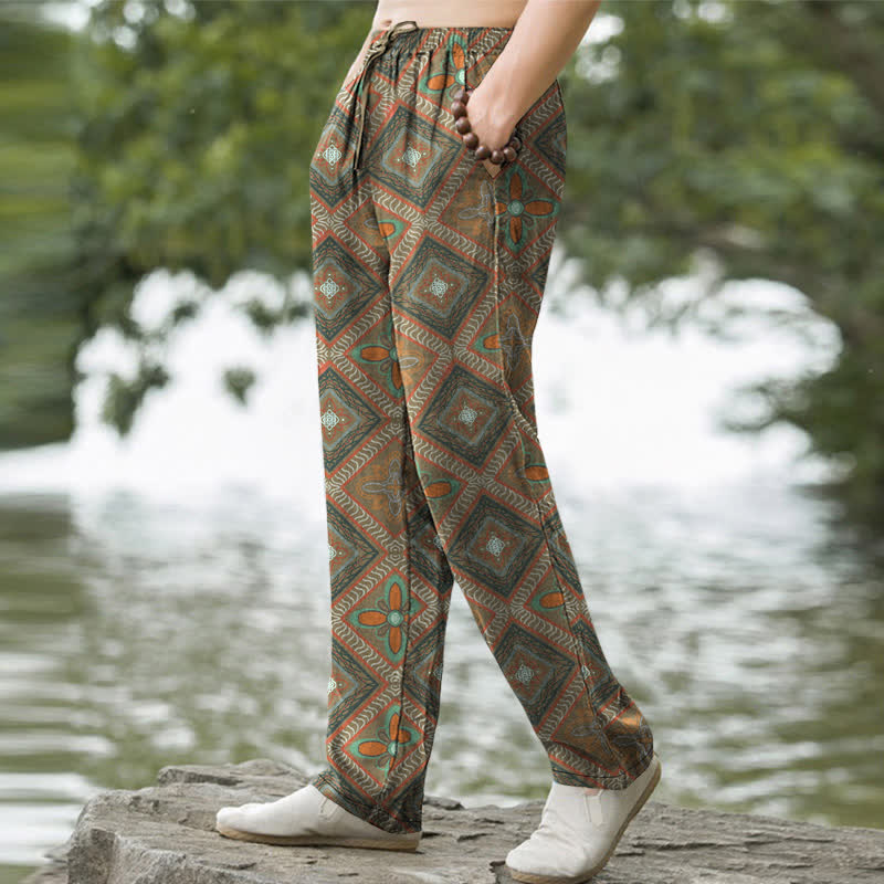 Buddha Stones Pantalones de hombre de algodón con estampado floral de rombos estilo bohemio, corte ajustado y bolsillos. - image 5