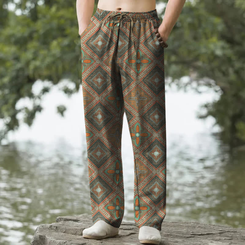 Buddha Stones Pantalones de hombre de algodón con estampado floral de rombos estilo bohemio, corte ajustado y bolsillos. - Verde oliva - US/UK/AU50, EU60 (5XL) - image 4