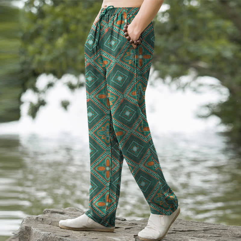 Buddha Stones Pantalones de hombre de algodón con estampado floral de rombos estilo bohemio, corte ajustado y bolsillos. - image 7