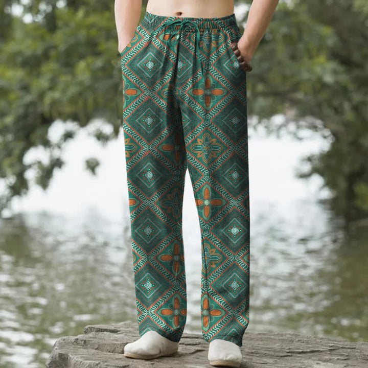 Buddha Stones Pantalones de hombre de algodón con estampado floral de rombos estilo bohemio, corte ajustado y bolsillos. - Verdemar - US/UK/AU50, EU60 (5XL) - image 6